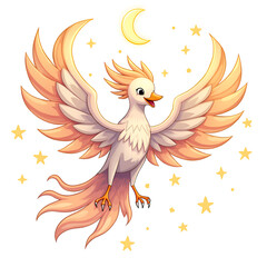A whimsical phoenix soaring under a crescent moon with sparkling stars around, digital art of fantasy concept.