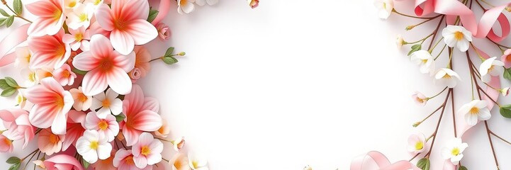 Fototapeta premium Floral wreath with pastel colors and ribbons, decorative accents, spring flowers, floral wreath