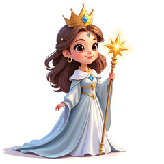 Fototapeta premium Enchanting royal figure with a magical wand in a flowy gown and crown, perfect for fantasy and illustration searches, digital illustration of fantasy character design concept.