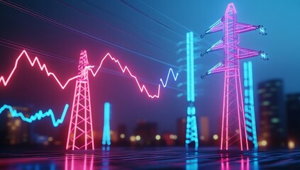 Stock market graph with red and blue lines, set against electric power grid or city at night