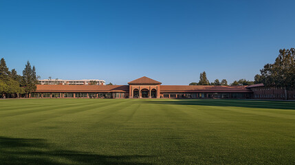 Obraz premium Main campus lawn with a single iconic building - Soft natural light, clear and inviting
