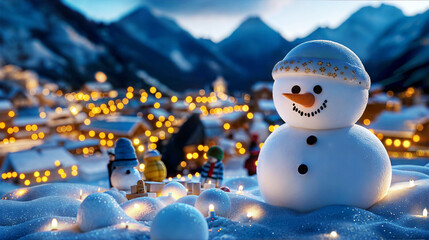 Obraz premium A cheerful snowman stands in a snowy landscape, illuminated at night.