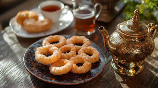 Enjoy a warm cup of tea with crispy, ring-shaped Sushki bagels. The samovar adds a touch of traditional charm.