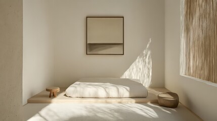 A calm bedroom features a simple bed on the floor with two pillows. Bright sunlight streams in through large windows, casting gentle shadows. The room has a clean, open feel, enhancing relaxation.