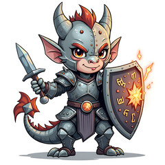 A fearless armored dragon warrior with shield and sword ready for battle, digital art of character design concept.