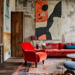 A red chair sits in front of a large abstract painting on a wall. The room has a cozy and inviting atmosphere, with a red couch and a coffee table in the background