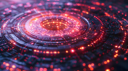 Abstract 3D Render of a Futuristic Circular Technology System with Glowing Red Lights, Digitally Created Background Image