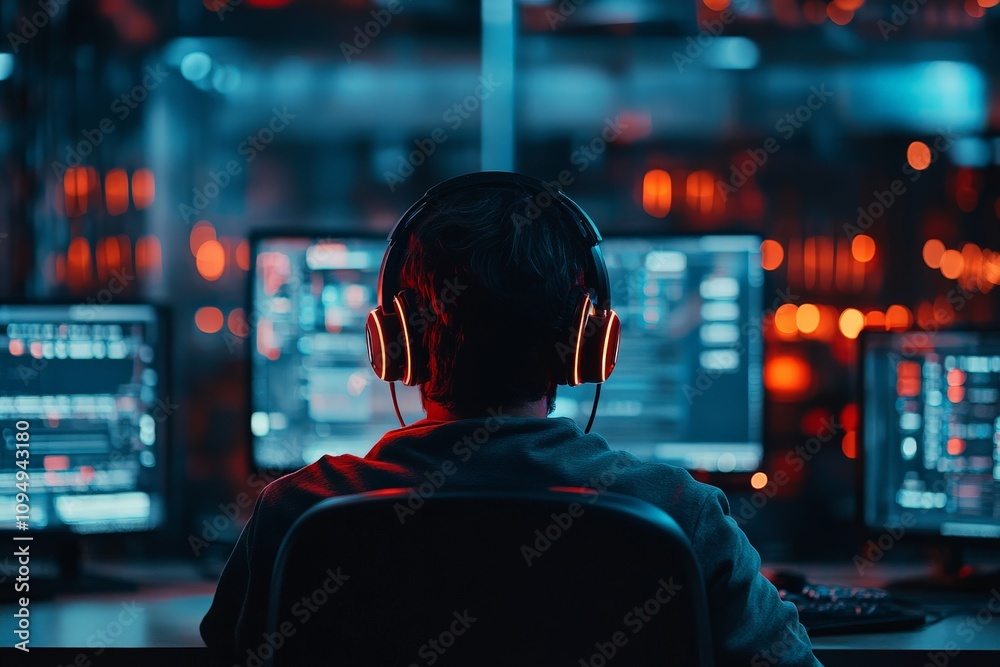Poster an intense programmer with headphones, focused on multiple computer monitors, symbolizing dedication