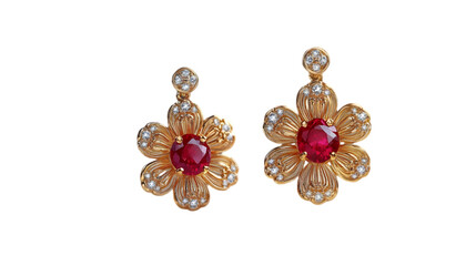 Gold Flower Earrings with Red Gemstone and Diamonds Illustration