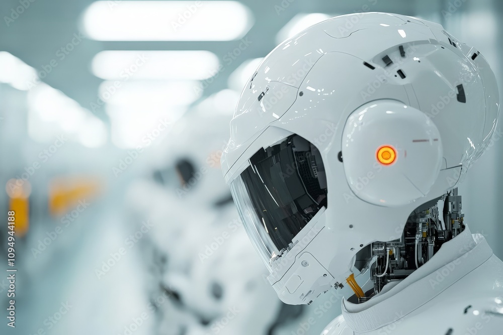 Poster a detailed close-up of a futuristic robot head with complex mechanical features, reflecting advancem