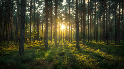 Obraz premium Sunbeams Illuminate a Lush Pine Forest at Dawn, Creating a Serene and Magical Atmosphere.