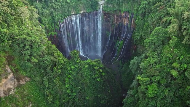 Aerial view fly through trees to reveal Tumpak Sewu waterfall, Indonesia