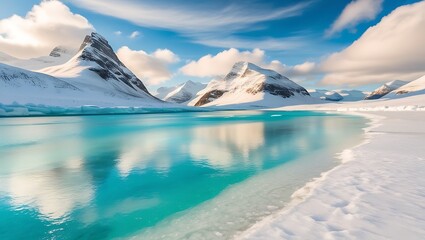 Breathtaking 3D Winter Landscape Icy Shoreline, Turquoise Waters, and Snowy Mountains