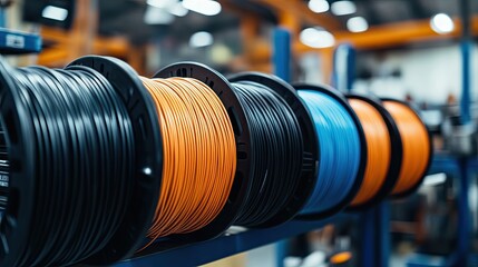 Obraz premium Rolls of industrial cables in black, orange, and blue, displayed in a manufacturing setting. close up