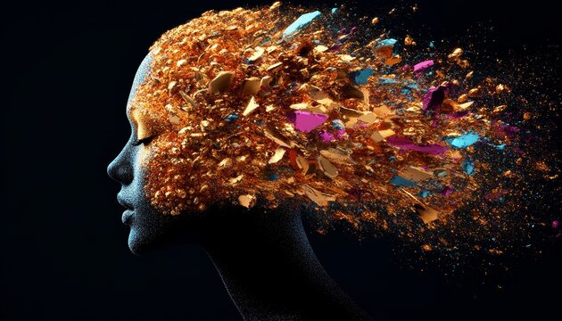 Exploding Mind Gold And Colorful Fragments Emanating From A Womans Head, Creativity Concept.