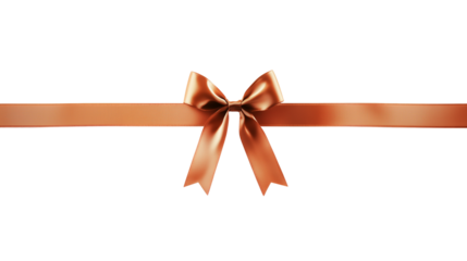 thin metallic brown copper satin ribbon bow with long straight silk strips isolated on transparent background, gift wrap decoration design