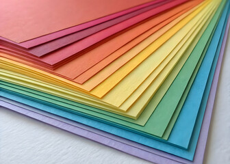 Colorful sheets of paper arranged in gradient, showcasing vibrant hues from red to blue, perfect for creative projects and crafts
