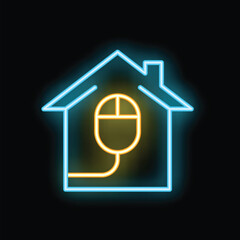 Neon sign depicting a computer mouse inside a house, symbolizing working from home
