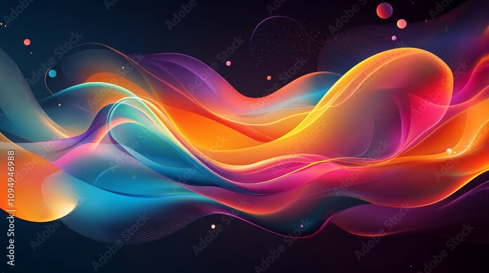 Poster a vibrant, abstract wave of colorful gradients flows across a dark background, creating a dynamic an