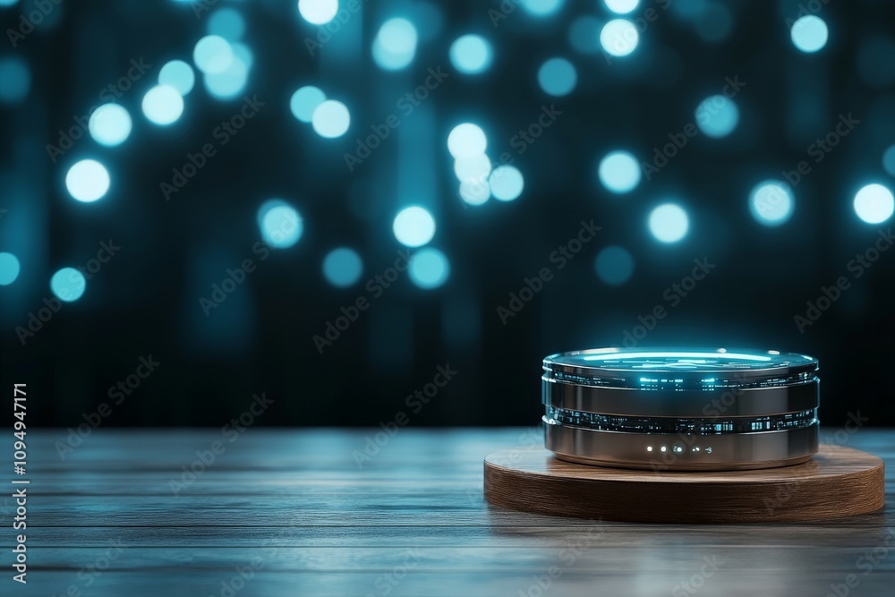 Poster a sleek, futuristic gadget resting on a table with glowing bokeh lights in the background, creating 