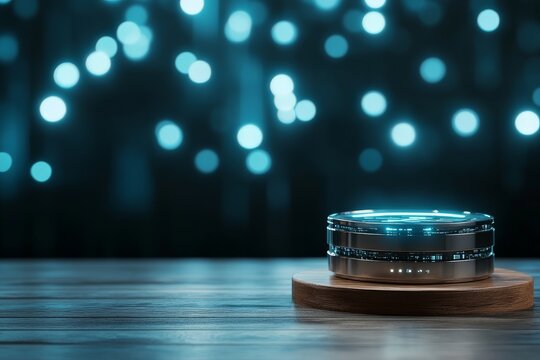 A sleek, futuristic gadget resting on a table with glowing bokeh lights in the background, creating an aura of mystery and technological advancement.