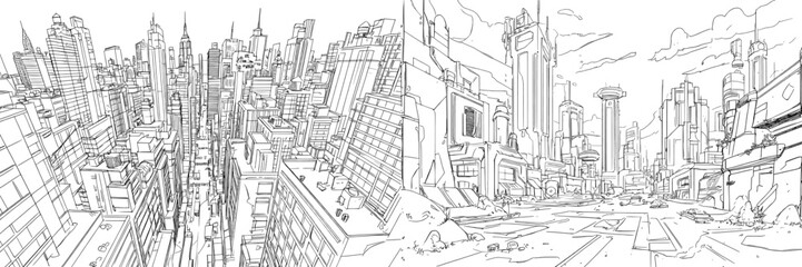 Obraz premium In a single, unbroken line, a modern cityscape is drawn, highlighting the metropolitan architecture and a panoramic landscape, with New York skyscrapers depicted as hand-drawn silhouettes and
