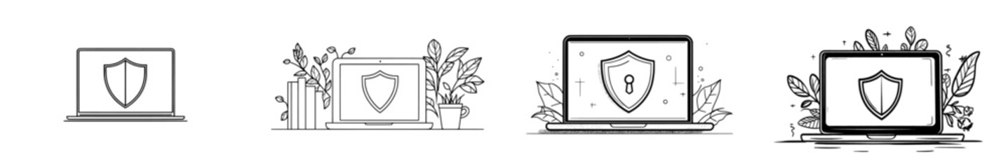 Obraz premium A single unbroken line. Safeguarding data. A shield and a laptop. An open laptop. Information security. Data preservation. A continuous line on a white backdrop.