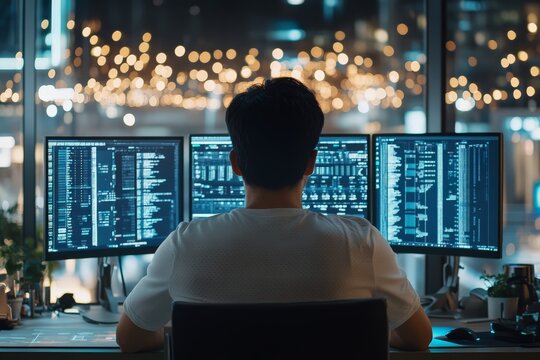 A focused programmer works with complex code displayed on multiple monitors, representing the intricate world of software development and technological expertise.
