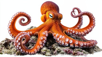A vibrant orange octopus displays its unique tentacles over a rocky ocean floor, showcasing its aquatic beauty and adaptability.