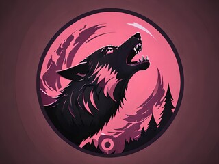 wallpaper representing a wolf howling to death, cut out on a pink, circular background.