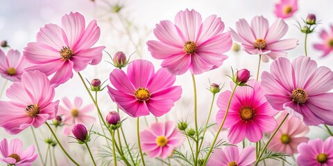 Delicate Pink Cosmos Blooms on a Pristine White Background for Nature and Floral Photography Enthusiasts, Perfect for Use in Various Creative and Commercial Projects