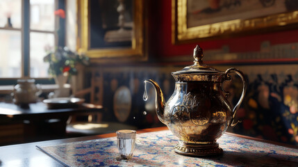 A shiny samovar sits on the table, with a single drop of water clinging to the spout.