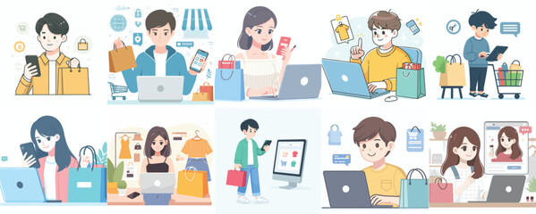 Vector of a teenager shopping online with a simple and minimalist flat design style. plain white background