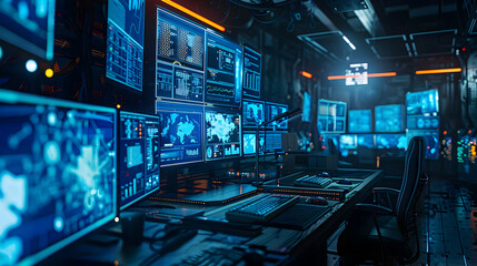 Cybersecurity Control Room: Digital Data Streams Displayed on Multiple Monitors in a Futuristic Setting