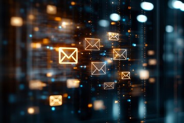 Digital mail icons hover in an abstract technology-inspired environment, highlighting concepts of communication, networks, and digital exchange.