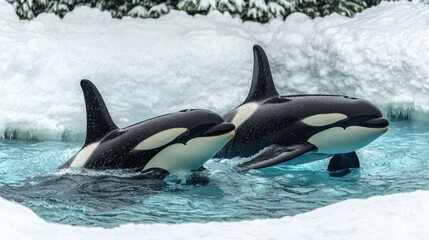 Fototapeta premium Two orcas swim gracefully in icy blue waters, surrounded by a snowy landscape, showcasing their striking black and white patterns.