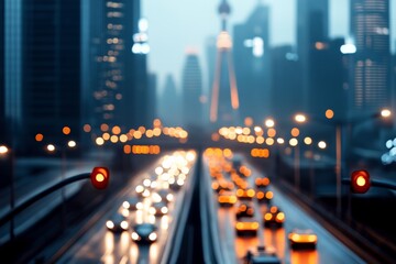 A dynamic cityscape blurs into abstraction with a busy highway full of cars. This urban setting captures the movement and vibrancy of city life.