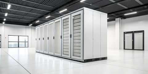 Modern storage unit standing alone on a pristine white floor, modern design, white box, minimalist