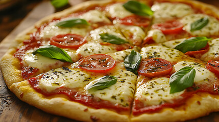 Closeup of Delicious Margherita Pizza with Fresh Basil