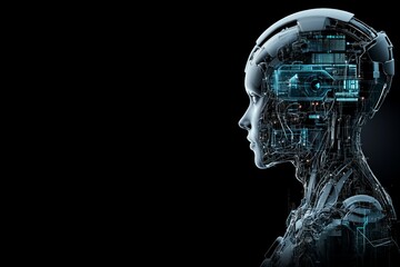 Obraz premium A futuristic robotic head illustrating artificial intelligence with intricate digital circuits visible through its transparent surface, symbolizing the integration of technology and humanity.