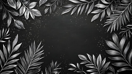 White Chalk Drawn Tropical Leaves Frame on a Black Background