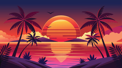 tropical sunset with trees
