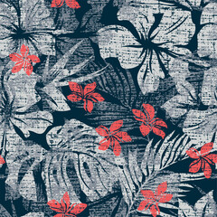 Tropical hibiscus flowers with leaves wallpaper grunge vector abstract seamless pattern for shirt fabric wrapping carpet rug tablecloth pillow