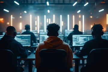 A group of programmers work intensely at their computers in a dynamic, high-tech workspace, representing collaborative problem-solving and innovation.