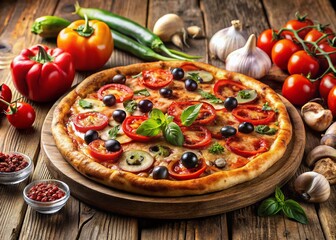 Delicious Hand-Drawn Pizza Illustration with Toppings on a Wooden Table, Perfect for Restaurant Menus, Food Blogs, and Culinary Art Projects, Showcasing an Appetizing Slice and Fresh Ingredients