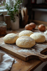 Fototapeta premium Fresh Dough Balls Resting on Wooden Board in Rustic Kitchen