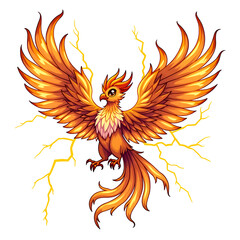 Fototapeta premium Majestic phoenix emanating lightning energy in a vibrant display of colorful feathers, digital art of mythical creature concept.