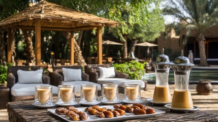 Fototapeta premium Outdoor tea and dates gathering luxurious garden food and drink display relaxed setting inviting atmosphere