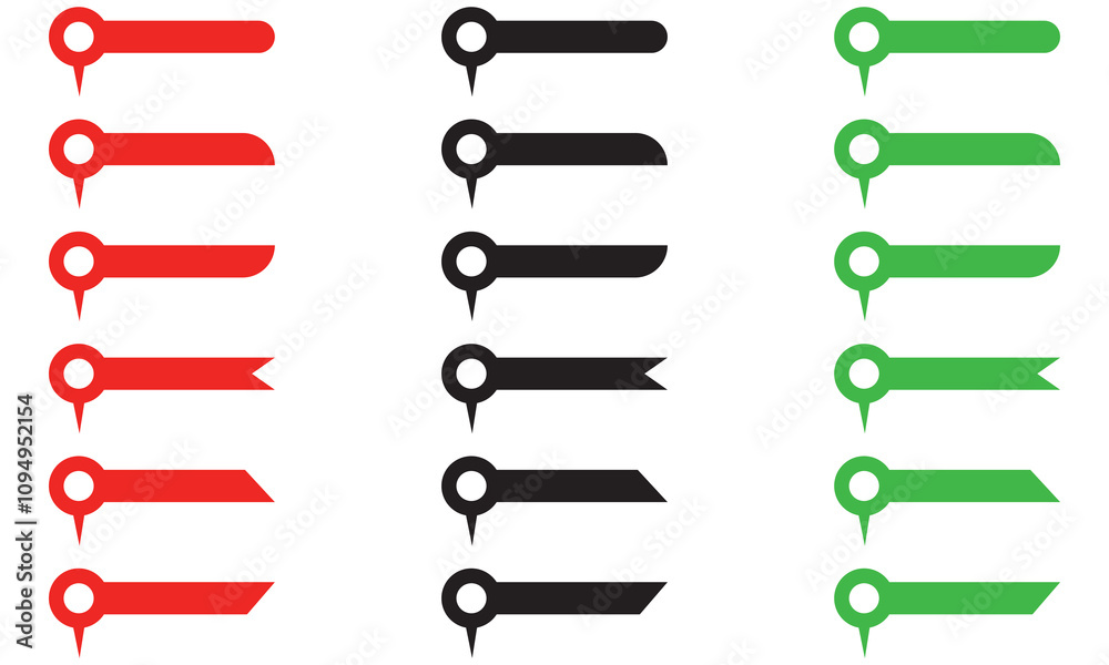Poster set of red, green and black pin text tag icons. pointer icon pin on the map with space for text. iso