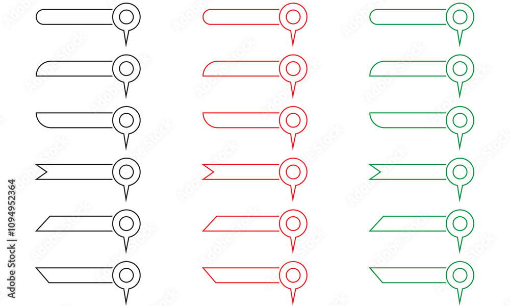 Poster set of red, green and black pin text tag icons. pointer icon pin on the map with space for text. iso